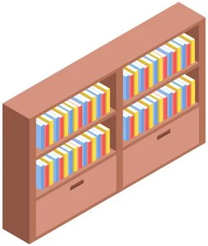 Large bookcase with different books. Big library wooden furniture full of Stock Illustration