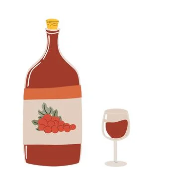 Large bottle of red wine with berries illustration next to wine glass Stock Illustration