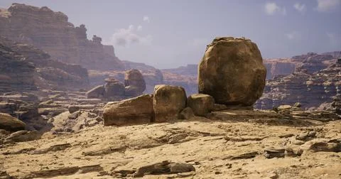 Large boulder formation in a rugged desert landscape under clear sky Stock Illustration