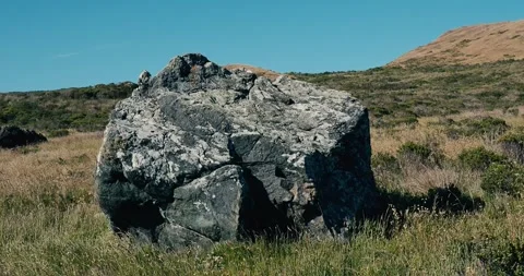 Large boulder sitting in a coastal field along the California coastline Stock Footage 346988857