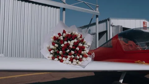 A large bouquet of white and red tulips placed on the wing of the helicopter Stock Footage 155384705