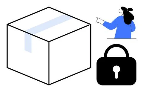 A large box, a customer service representative pointing, and a lock symbol. I Stock Illustration