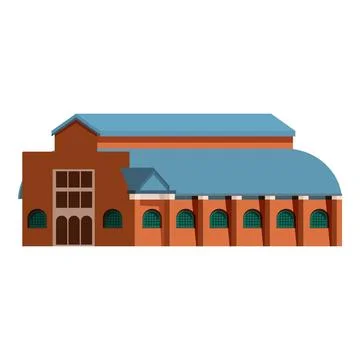 Large brick building with arched windows and blue roof Ilustración de archivo