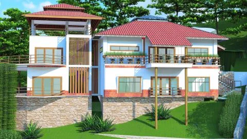 A large brick building with green grass in front of a house Stock Illustration