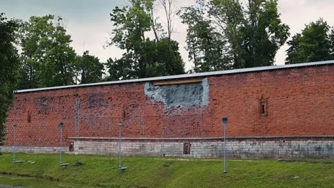 A large brick wall shows areas of peeling paint while trees grow nearby. Stockbeeldmateriaal 344528096