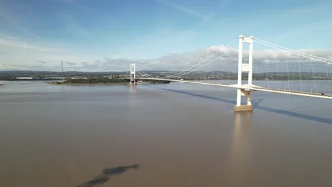 Large bridge over wide river estuary, highway cable-stayed bridge Video stock 166697270