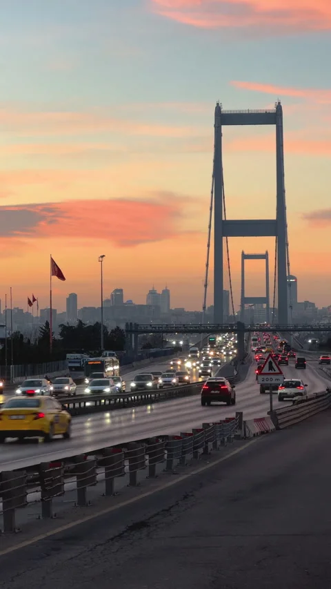 Large bridge at sunset. Beautiful cityscape background. Stock Footage 307383778