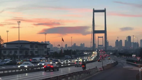 Large bridge at sunset. Beautiful cityscape background. Stock Footage 307383789