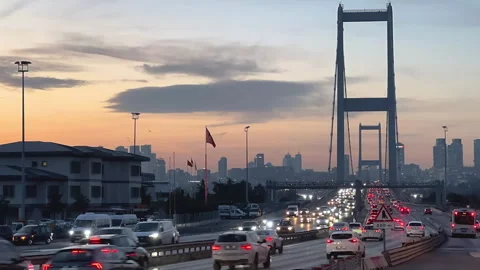 Large bridge at sunset time lapse. Beautiful cityscape background. Stock Footage 307383207