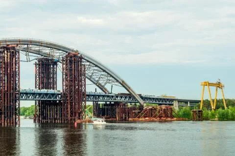 Large bridge under construction across the Dnieper River in Kiev Ukraine Stock Photos