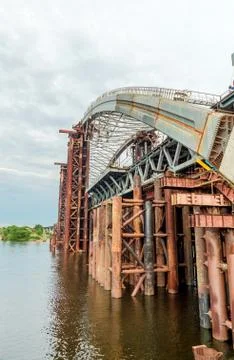 Large bridge under construction across the Dnieper River in Kiev Ukraine Stock Photos