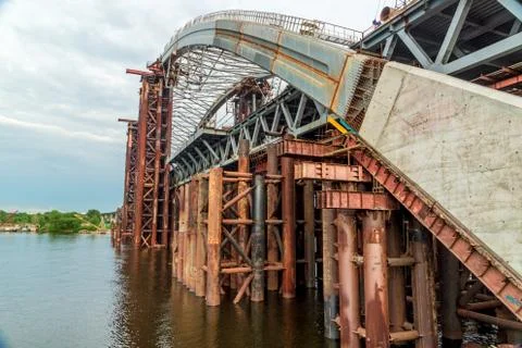 Large bridge under construction across the Dnieper River in Kiev Ukraine Stock Photos