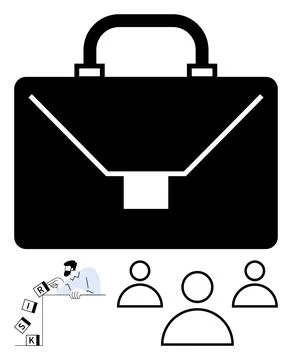 Large briefcase icon, man stacking RISK blocks, and three profile silhouettes Stock Illustration
