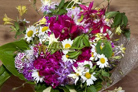Large bright multi-colored bouquet of wildflowers with peonies and aquilegia Stock Photos