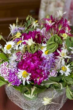 Large bright multi-colored bouquet of wildflowers with peonies and aquilegia Stock Photos