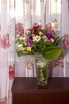 Large bright multi-colored bouquet of wildflowers with peonies and aquilegia Stock Photos