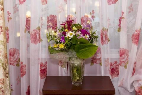Large bright multi-colored bouquet of wildflowers with peonies and aquilegia Stock Photos