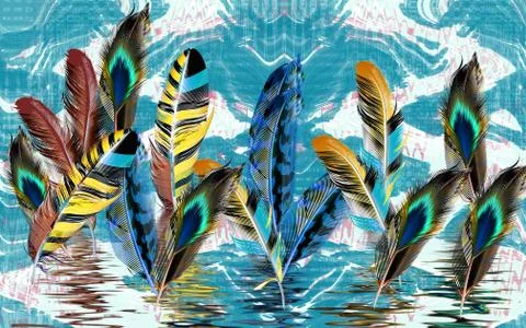Large bright multicolored feathers on an abstract background Stock Illustration