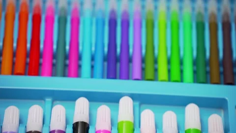 Large bright set of multi-colored felt-tip pens for drawing. Stock Footage 321371622
