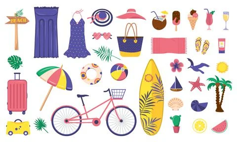 A large bright set of summer items Stock Illustration