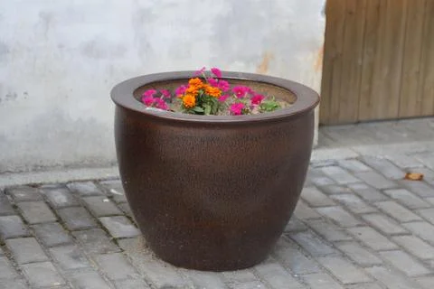 A large, brown ceramic round planter with flowers on the street, captured i.. Stock Photos