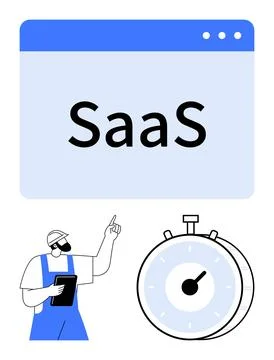 Large browser window labeled SaaS, stopwatch symbolizing time management, tec Stock Illustration