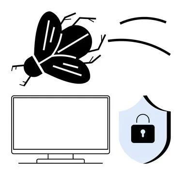 Large bug flies away from desktop monitor next to a shield icon with padlock. Stock Illustration