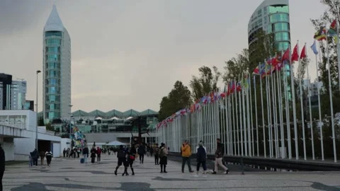 A large building with country flags on the side. Parque das Nacoes, Lisbon, 動画素材 303995026