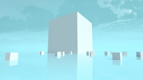 Large building like cube extending into the sky surrounded by smaller cubes Ilustración de archivo