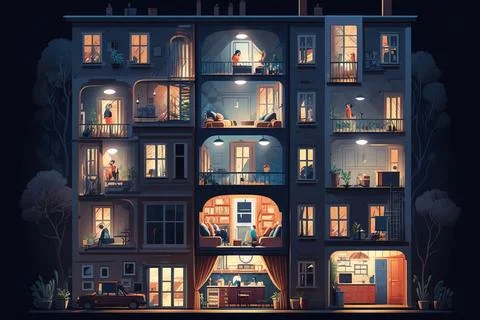 A large building with many windows and lights on it at night time with peop.. Ilustración de archivo