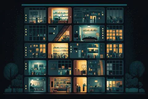 A large building with many windows and lights inside of it at night time wi.. Ilustración de archivo