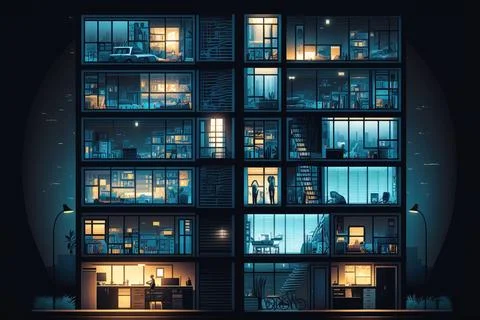 A large building with many windows and lights inside of it at night time wi.. Ilustración de archivo