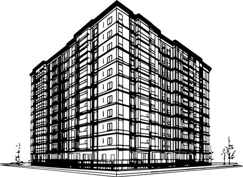 A large building with many windows and a tree in front Stock Illustration