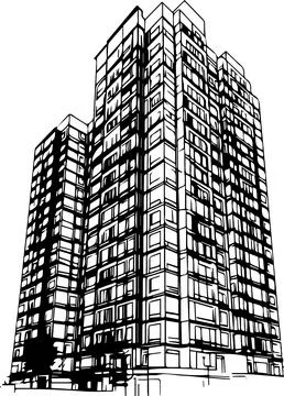 A large building with many windows, sketch black and white Ilustración de archivo