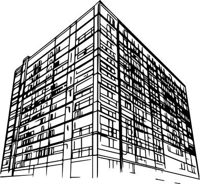 A large building with many windows, sketch black and white Illustrazione stock