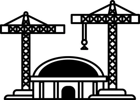 A large building with two cranes in front of it Ilustración de archivo