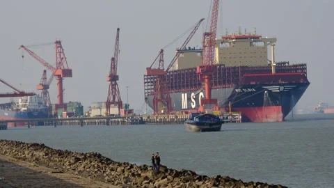 A large bulk cargo vessel built at a shipyard in Yangtze River in China Stock Footage 295167153
