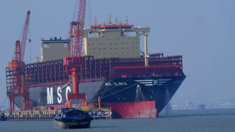 A large bulk cargo vessel built at a shipyard in Yangtze River in China Stock Footage 295167161