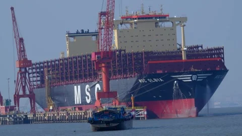 A large bulk cargo vessel built at a shipyard in Yangtze River in China Stock Footage 295167164