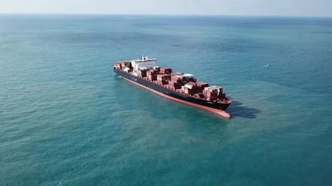 Large bulk carrier ship sailing in open oceanl  - aerial 4k view Stock Footage 111183155