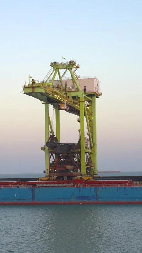 Large bulk carrier ship undergoes discharging operations at a maritime port Stock Footage 345936628