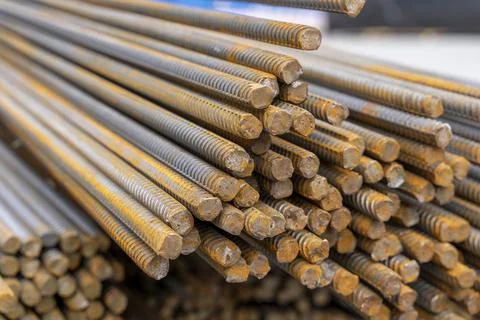 A large bundle of iron construction fittings in close-up Foto stock