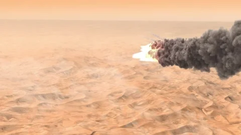 Large Burning Asteroid or rocket above Desert, Planet mars Stock Footage 226660302