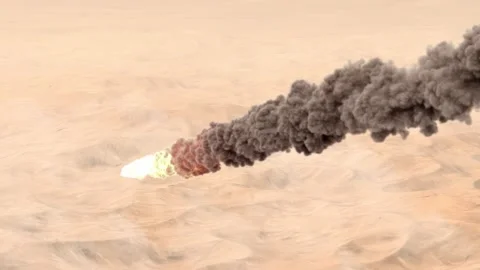 Large Burning Asteroid or rocket above Desert, Camera follow Stock Footage 226660359