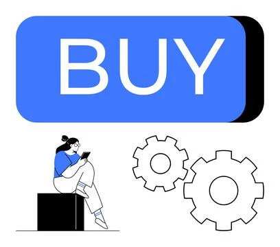 Large BUY button with a person using a device and two mechanical gears show.. Illustrazione stock