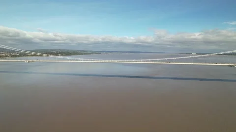 Large cable-stayed bridge over water, wide river estuary Stock-Footage 166697604