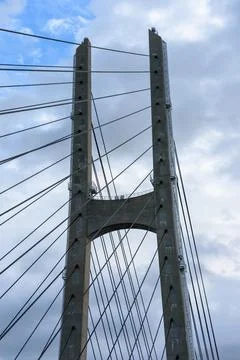A large cable-stayed bridge with towering concrete pylons and intricate cab.. Stock Photos
