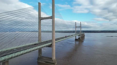 Large cable-stayed highway bridge over wide river Stock-Footage 166691077