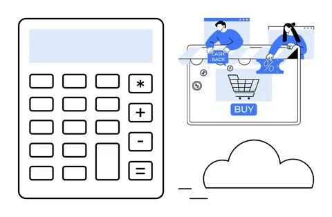 Large calculator, e-commerce shopping cart with Buy button, two people engagi Stock Illustration