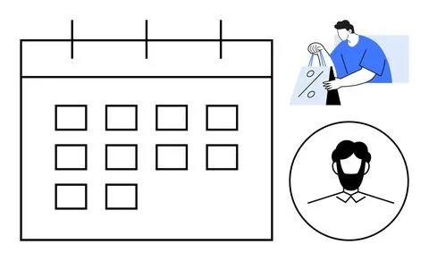 Large calendar with grid layout, person carrying shopping bags, circular prof Stock Illustration